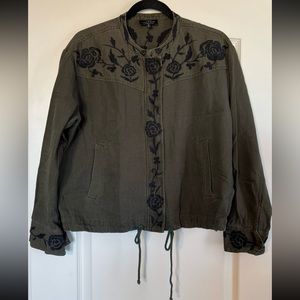 Lucky Brand Embroidered Army Olive Jacket Black Floral Size S